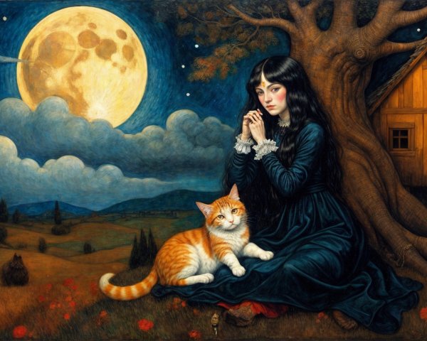 Young woman in black dress kneels by a tree at night