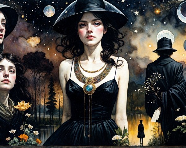 Mystical Night Scene with Women and Celestial Background