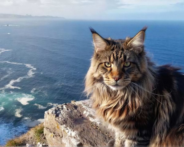 Maine Coon Cat on Cliff with Natural Lighting