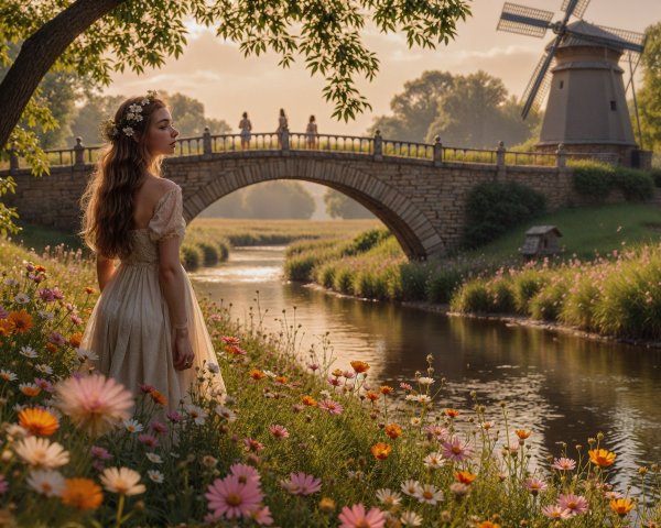 Serene River Scene with Woman and Classic Windmill