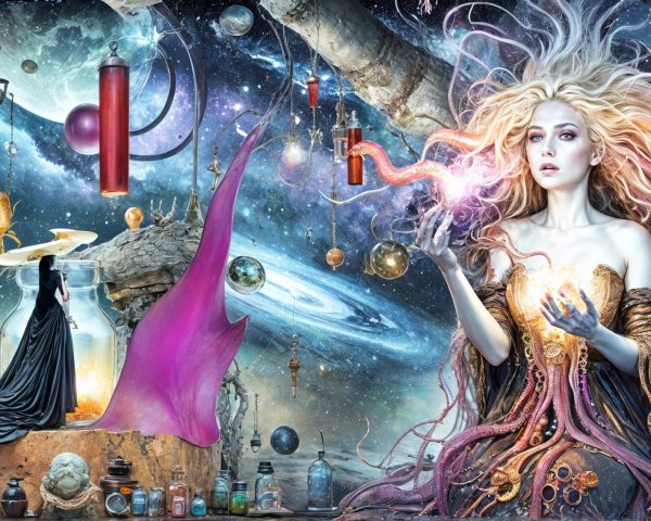 Ethereal Woman in Cosmic Scene with Glowing Orb