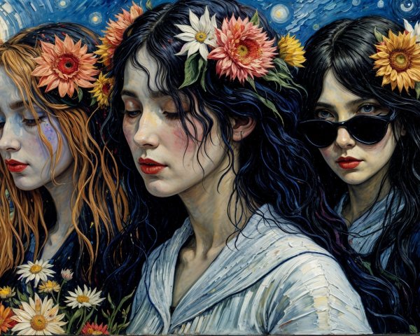 Three Women with Flowers in a Vibrant Sky