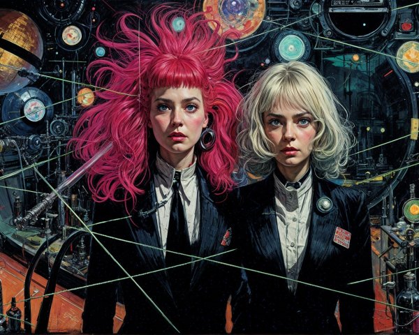 Futuristic Figures in Sleek Suits with Machinery Background