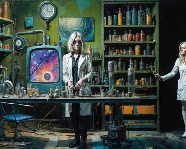 Futuristic Laboratory with Women and Cosmic Elements