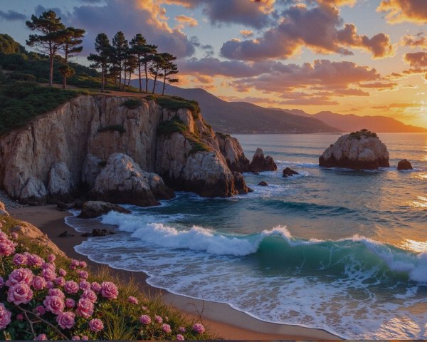 Serene Coastal Landscape at Sunset with Pink Flowers