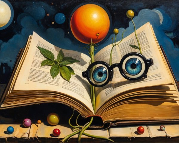 Open Book with Sprout and Celestial Backdrop