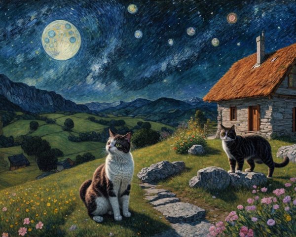 Serene Countryside Scene with Cats and Celestial Moons