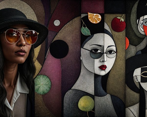 Stylish Woman with Sunglasses Against Abstract Mural