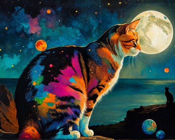 Cosmic Scene with Colorful Cat by Ocean and Moon