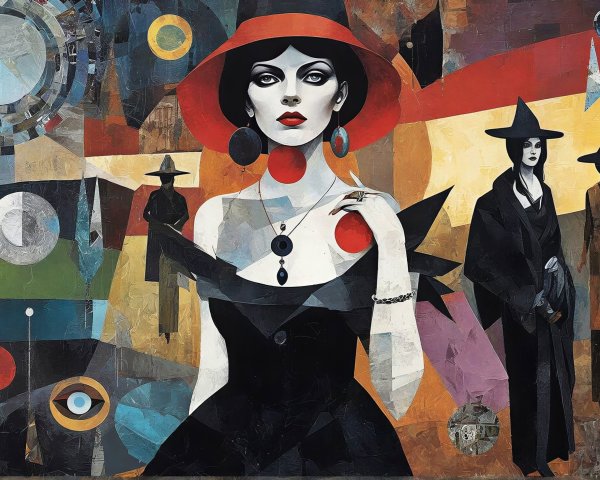 Abstract Cubist Painting of Woman in Black Dress