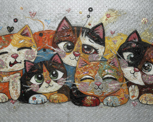 Colorful Textured Painting of Whimsical Cats