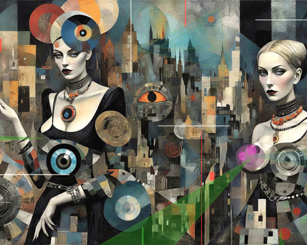 Cubist Digital Painting of Two Women in Cityscape