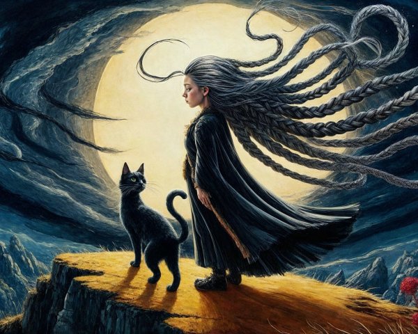 Young girl with braided hair and black cat at night