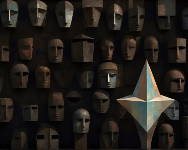 Abstract Sculpted Faces with Geometric Prism Background