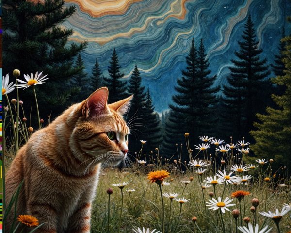 Ginger Cat in a Meadow with Evergreen Trees and Sky