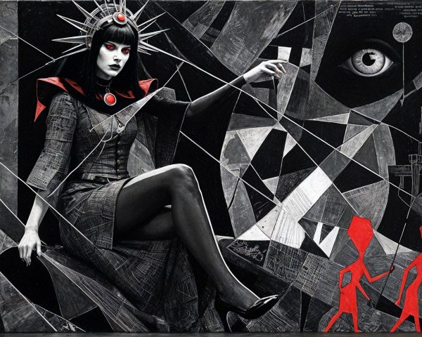 Woman with Dark Hair in Geometric Red and Monochrome Art