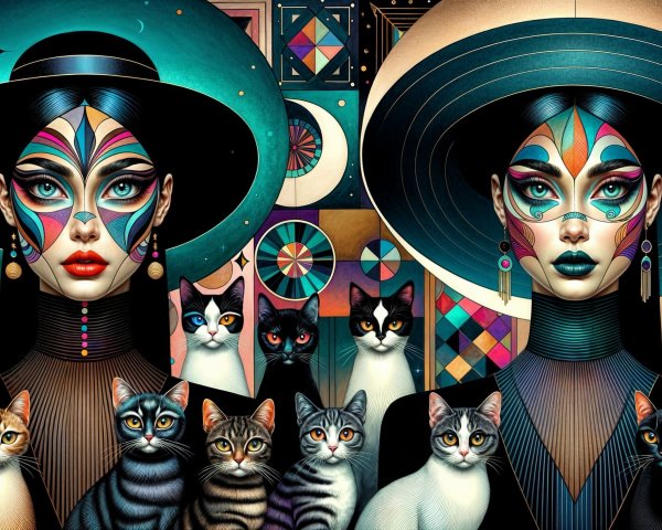 Elegant women with face paint and colorful cats