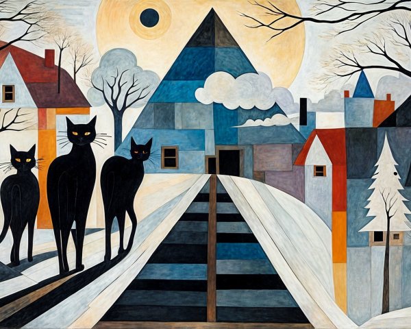 Whimsical Scene of Three Black Cats on Snowy Path