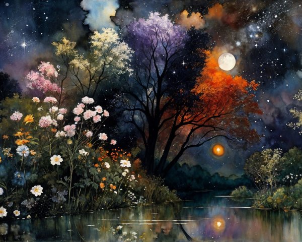 Serene Night Landscape with Reflective Lake and Flowers