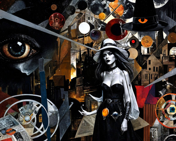 Collage of Mystique and Urban Landscapes with Symbols