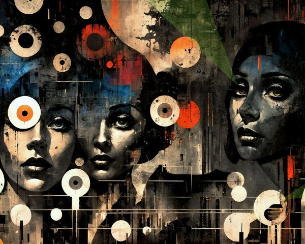 Vibrant Abstract Collage of Faces and Colorful Circles