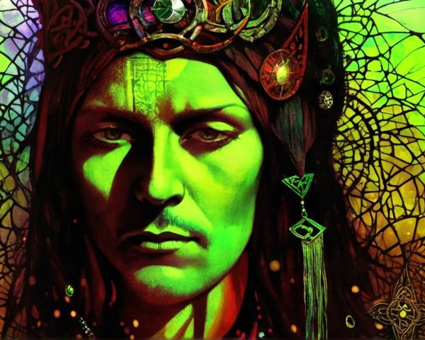 Mysterious Portrait with Headdress and Vibrant Colors