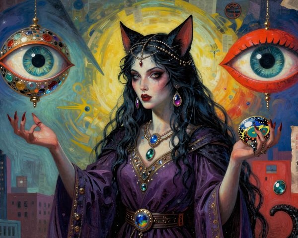 Psychedelic Painting of a Gothic Witch in Purple Gown