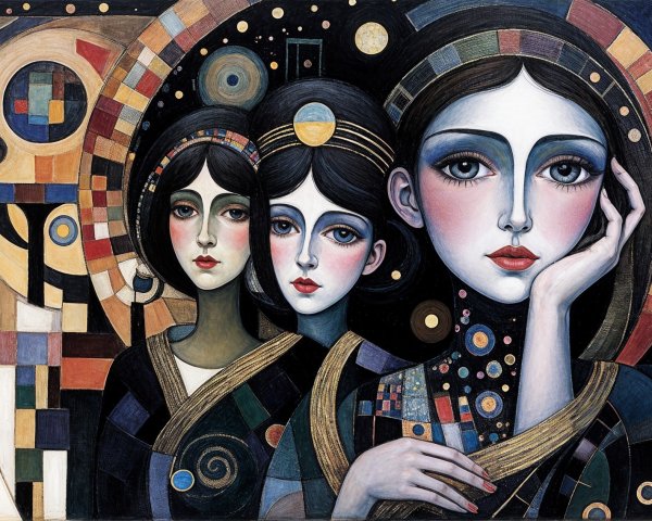 Three Stylized Female Figures with Vibrant Clothing