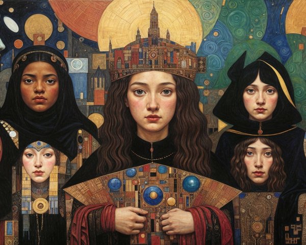 Group of Six Women in Intricate Clothing and Accessories