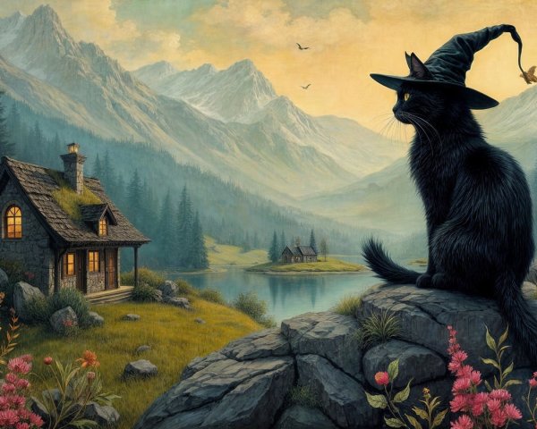 Mystical Black Cat on Rocky Outcrop by Serene Lake