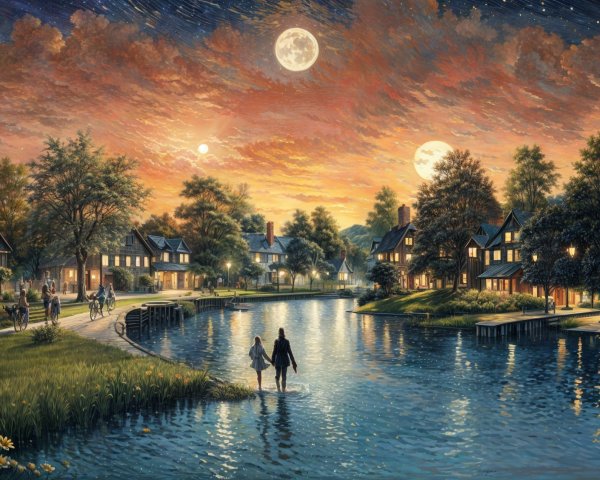 Twilight Village Scene with Charming Houses and River
