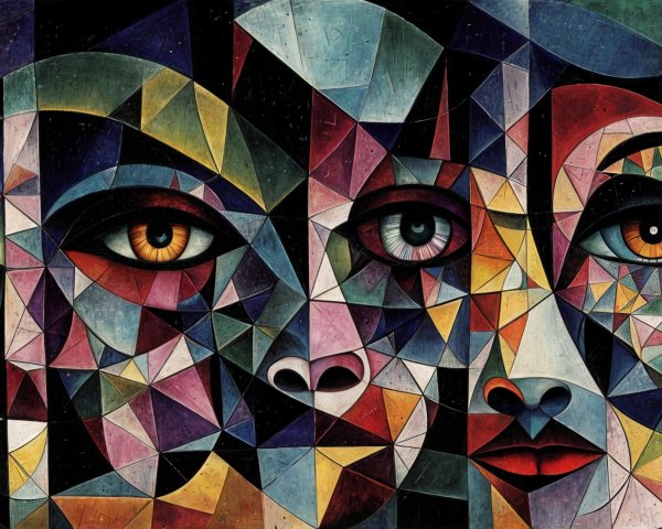 Abstract Composition of Three Stylized Faces in Color