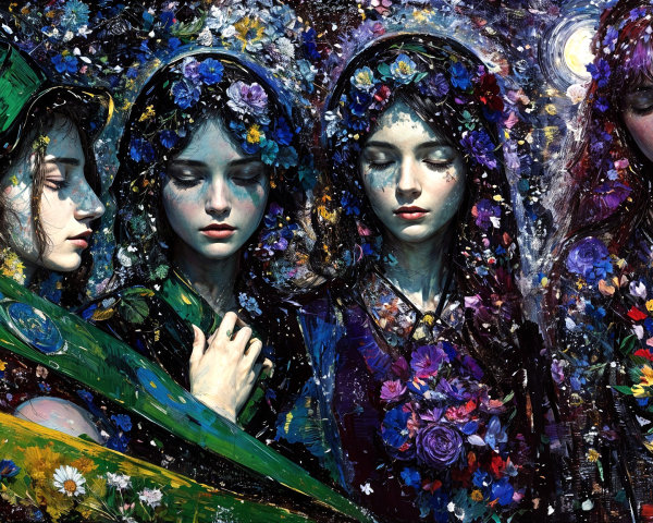 Ethereal Women in Floral Headdresses and Patterns