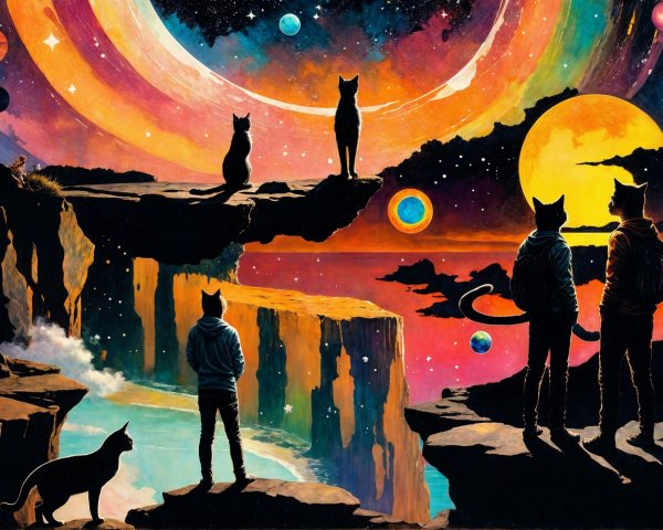 Cosmic Landscape with Silhouetted Figures and Cats