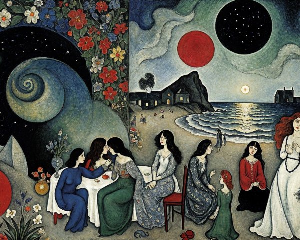 Surreal Landscape with Women in Two Distinct Scenes