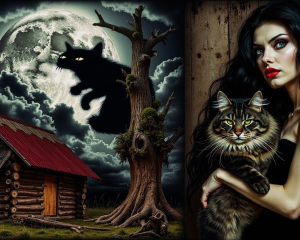 Mystical Full Moon Scene with Cabin and Cats