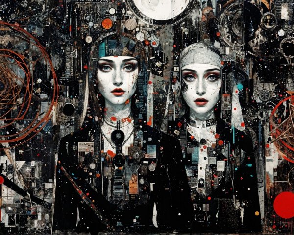 Surreal Artwork of Figures Amidst Mechanical Chaos