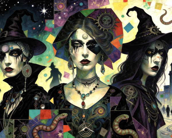 Psychedelic Art Nouveau Painting of Three Witches
