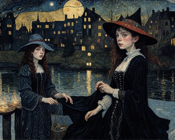 Young Women in Elegant Dark Attire by Moonlit Water