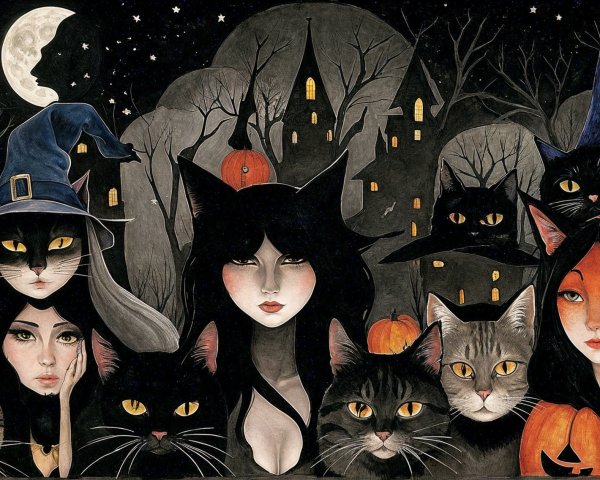 Mystical Halloween Scene with Witches and Cats