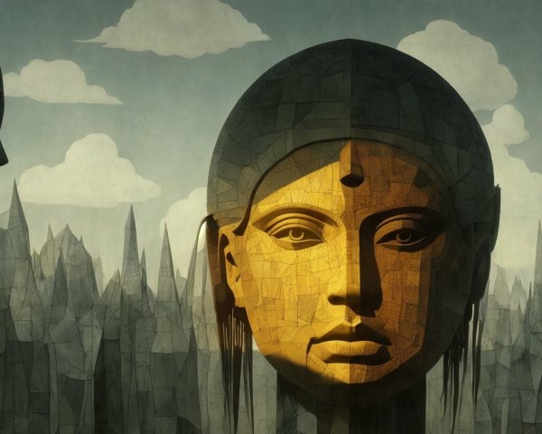 Surreal artwork of serene golden head in pine tree landscape