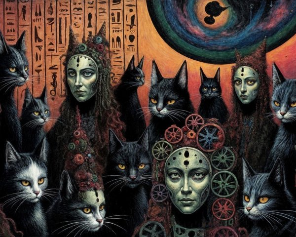 Artwork of Women with Headdresses and Black Cats