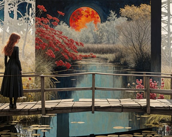 Woman in Black Dress on Bridge with Moonlit Pond