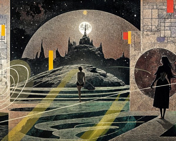 Surreal Landscape with Figures and Cosmic Elements
