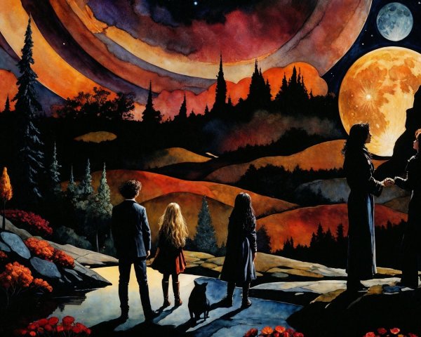 Figures on a Rocky Path with Cosmic Landscape View