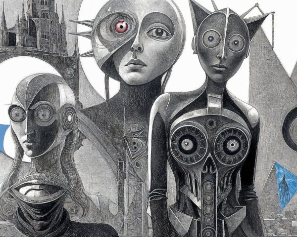 Surreal Composition with Humanoid Figures and Geometry
