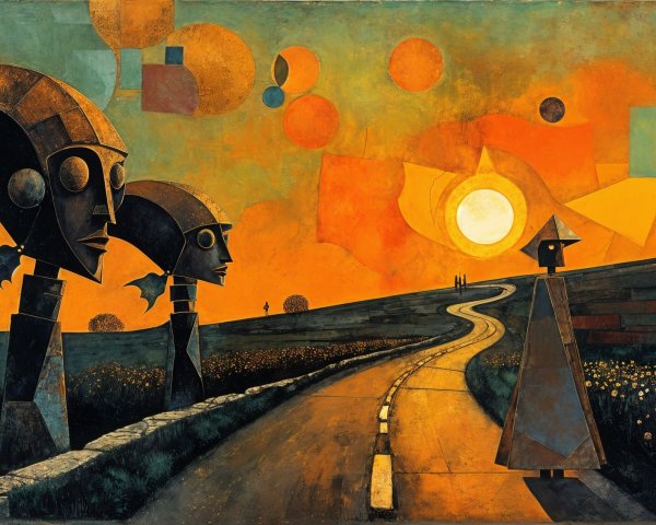 Surreal Landscape with Abstract Figures and Sunset