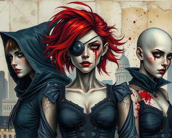 Women with tattoos and dark clothing in urban setting