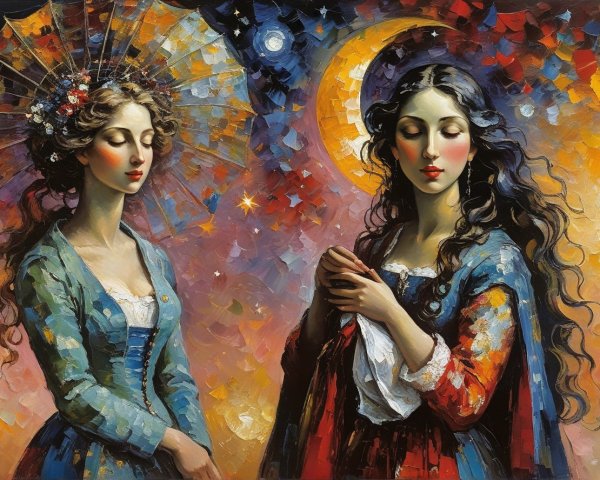 Elegant Women with Umbrella in Starry Sky Painting