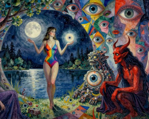 Fantasy Art Painting of Forest Lake with Mystical Creatures